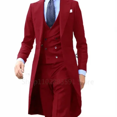 3 Pieces Green Long Tail Blazer Gentleman Male Suit Men's Fashion Groom Tuxedo for Wedding Prom Jacket Vest with Pants 2