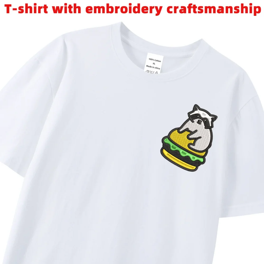 Bear Hamburger Embroidery Tee Shirts Men's Luxury Brand Embroidered Tops T shirt Raccoon Cute Animal Embroidered T-shirts Man 2
