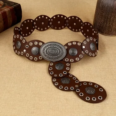 1pc Vintage Style Women'S Faux PU Belt with Oval Rivet Buckle Waistband Vintage Personalized Belts 2