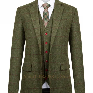 Green Men Suits Plaid Tweed Suits for Man Three Pieces Vintage Lapel Tuxedos Groomsmen Winter Wedding Suit(Blazer+Vest+Pants) 1