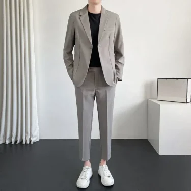 Full Suit for Men Solid Color Blazer Youth Pants Casual 2 Piece Outfit Set Man Luxury Clothes Trends Costumes Slim Fit New In 4