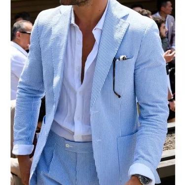Casual 2 Pieces Sky Blue Men Suits Seersucker Suits Notched Lapel Blazer Summer Leisure Beach Jacket+Pant Groom Wedding Tuxedos 1