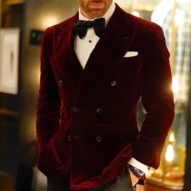 Slim Fit Wedding Men Suit Jacket for Groom Party 1 Piece Velvet Smoking Wedding Tuxedo Blazer Double Breasted Burgundy Suit Coat 3