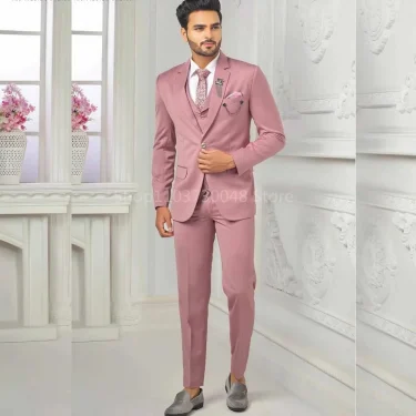 Elegant Pink Men's Suits 3 Piece Notch Lapel Casual Tuxedos for Wedding Groomsmen Suits Business Men Suits(Blazer+Vest+Pant) 2