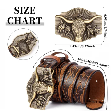 BISON DENIM Western Belt Vintage Genuine Leather Belts For Cowboy Cowgirl Longhorn Bull Pattern Engraved Buckle Belts For Jeans 2