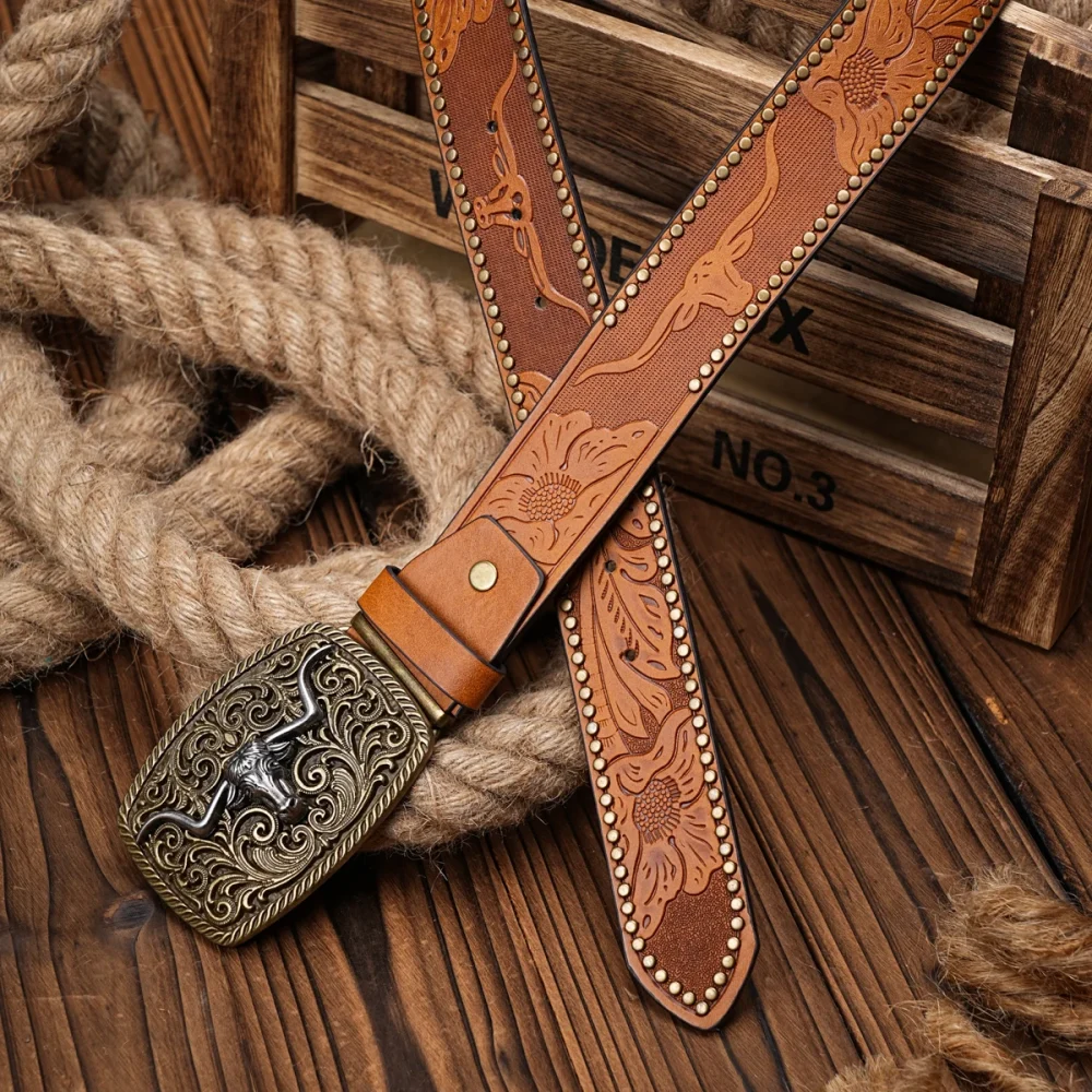 Men Women-Western-Cowboy-PU Leather-Belts - Vintage Belt Floral Engraved Buckle Belt for Jeans 6