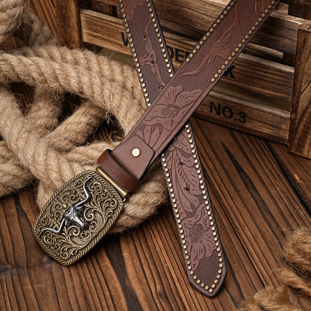 Men Women-Western-Cowboy-PU Leather-Belts - Vintage Belt Floral Engraved Buckle Belt for Jeans 5