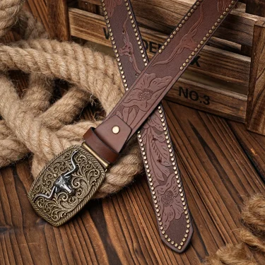 Men Women-Western-Cowboy-PU Leather-Belts - Vintage Belt Floral Engraved Buckle Belt for Jeans 5