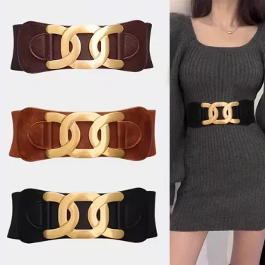 Golden CC Hook Buckle Elegant Belts for Women Retro Elastic Wide Belt Female Ladies Elastic Girdle with Skirt Dress Decorative 6