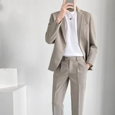 2 Piece Outfit Set Man Grey Blazer Casual Full Suit for Men Korean Spring Autumn Clothing Trends Costumes Luxury Pants Ceremony 5