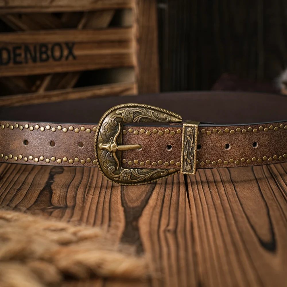 A men's and women's vintage bull head relief metal buckle casual style brown riveted PU belt suitable for daily business attenda 4