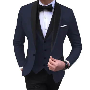 3 Piece Blue Slit Mens Suits Black Shawl Lapel Casual Tuxedos for Wedding Groomsmen Suits Men (blazer+vest+pants) 3