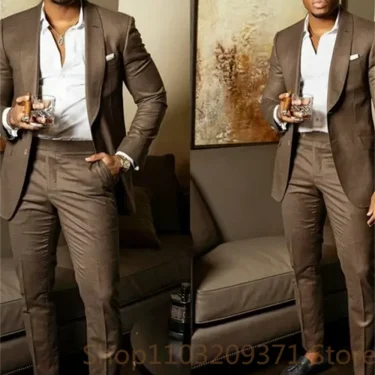 2 Piece Dark Brown Men Business Suit Groom Groomsman Tuxedos Prom Wedding Party Formal Set Jacket And Pants 2