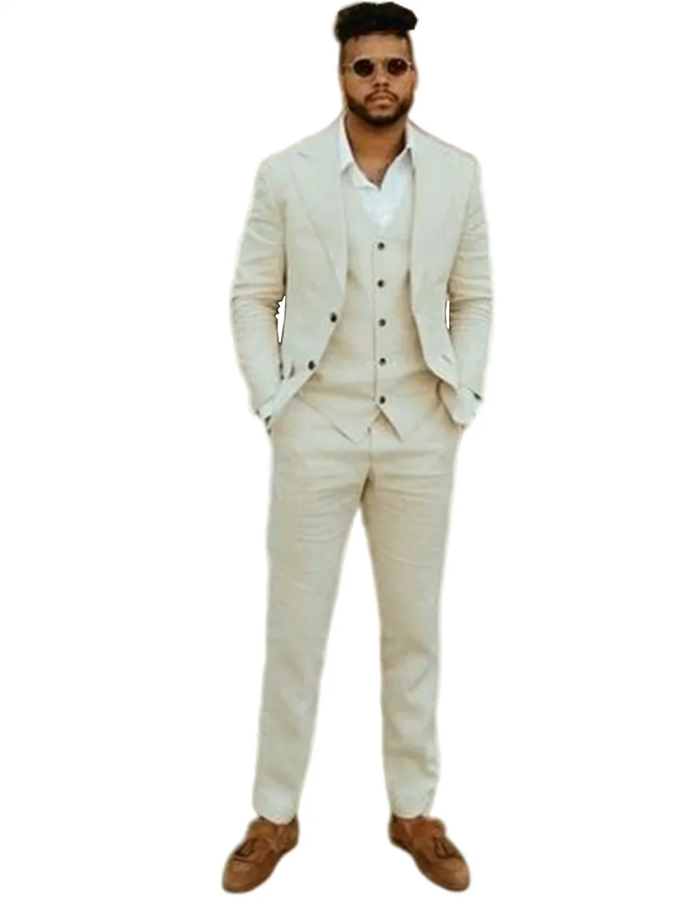 Men's Linen Three Pieces Peak Lapel Slim Fit Suit Jacket Vest with Pants Wedding Party Prom Dinner Business Tuxedos 2
