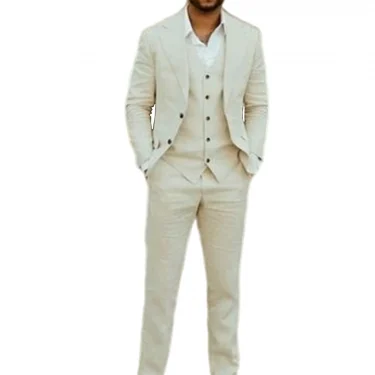 Men's Linen Three Pieces Peak Lapel Slim Fit Suit Jacket Vest with Pants Wedding Party Prom Dinner Business Tuxedos 2