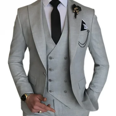3 Pieces Light Gray Suits Men Suits Wedding Wear Business Male Groom Wedding Dress Jacket Vest Pants Set Blazers Coat 2