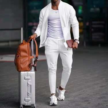 Autumnwinter men's casual blazer set new fashion Waffle baseball suit round neck pocket zipper long sleeve trousers two-piece se 1