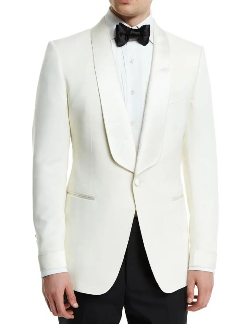Slim Fit Casual Men's 2 Pieces Suit White One Button shawl Lapel Blazer Black Pants Business Suit Formal Groom Tuxedos 3