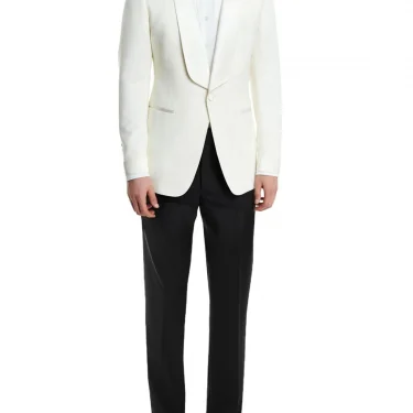 Slim Fit Casual Men's 2 Pieces Suit White One Button shawl Lapel Blazer Black Pants Business Suit Formal Groom Tuxedos 1
