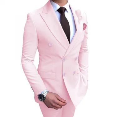 Pink Double Breasted Peak Lapel Men Suits Luxury Wedding Groomsmen Outfits Slim Fit 2 Piece Jacket Pants Outfits Costume Blazer 1