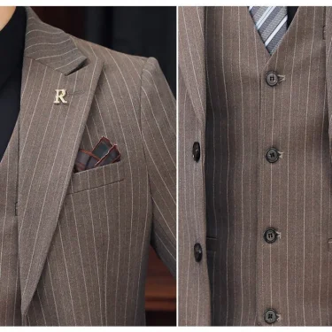 2025 High quality business casual (suit + vest + trousers) striped handsome boutique all-in-one wedding three-piece set 5