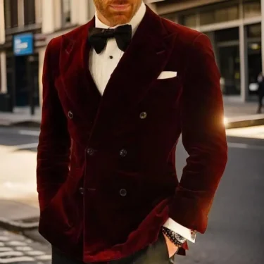Slim Fit Wedding Men Suit Jacket for Groom Party 1 Piece Velvet Smoking Wedding Tuxedo Blazer Double Breasted Burgundy Suit Coat 2