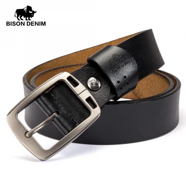 BISON DENIM Men's Belts Cowhide Genuine Leather Pin Buckle Belts Jeans Male Vintage Waistband Strap Leather Belt For Men N70781 2