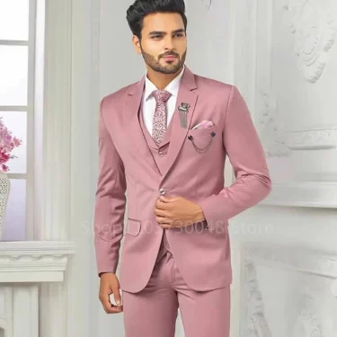 Elegant Pink Men's Suits 3 Piece Notch Lapel Casual Tuxedos for Wedding Groomsmen Suits Business Men Suits(Blazer+Vest+Pant) 1