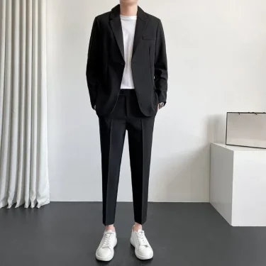 Full Suit for Men Solid Color Blazer Youth Pants Casual 2 Piece Outfit Set Man Luxury Clothes Trends Costumes Slim Fit New In 1