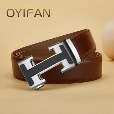 OYIFAN Genuine Leather Belt Genuine Leather Belt Brown Belt Automatic Buckle Trouser Belt Luxury Business Style Male Belt 3