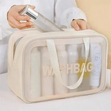 1pcs Makeup bag, transparent large capacity bath bag, PU waterproof portable wash bag, women's handheld travel storage bag 1