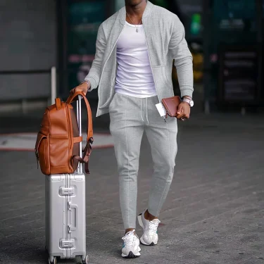 Autumnwinter men's casual blazer set new fashion Waffle baseball suit round neck pocket zipper long sleeve trousers two-piece se 5