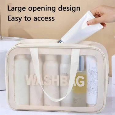 1pcs Makeup bag, transparent large capacity bath bag, PU waterproof portable wash bag, women's handheld travel storage bag 2