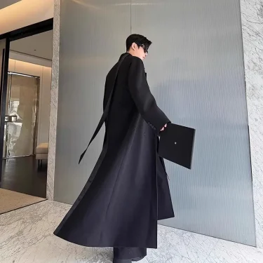 Mauroicardi Spring Autumn Extra Logn Black Oversized Flowy Soft Trench Coat for Men with Back High Slit Loose Casual Overcoat 1