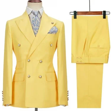 Blazer Hombre Yellow Suits for Men Chic Terno Double Breasted Peak Lapel Elegant Wedding Full Set Male 2 Piece Jacket Pants 2024 4