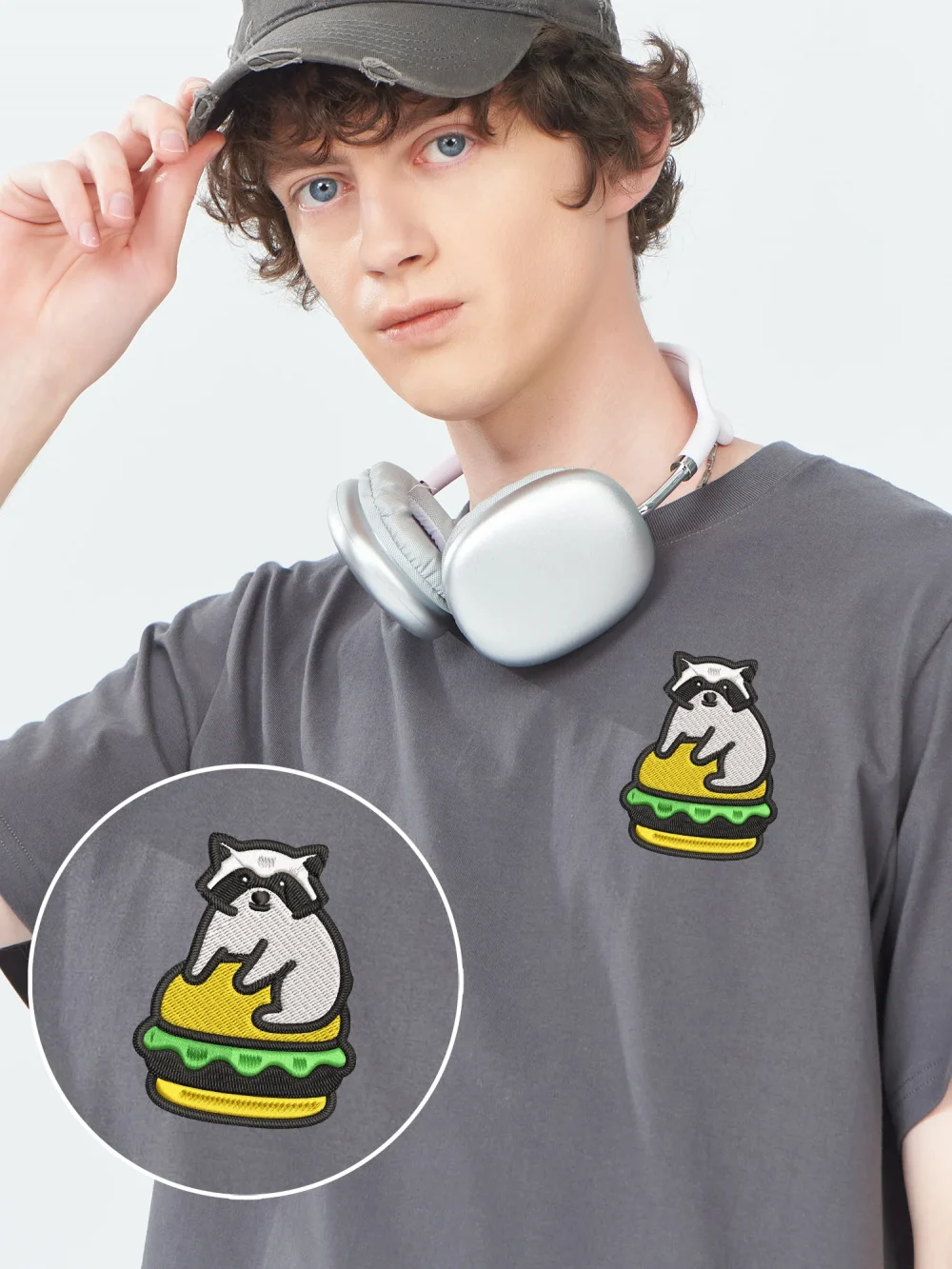 Bear Hamburger Embroidery Tee Shirts Men's Luxury Brand Embroidered Tops T shirt Raccoon Cute Animal Embroidered T-shirts Man 5