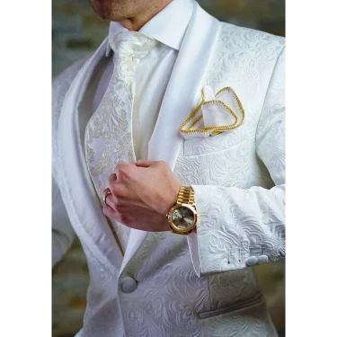 Luxury White Jacquard Men Suits One Button Slim Fit 2024 Wedding Groom Tuxedos Elegant 2 Piece Jacket Pants Costume Homme Blazer 4