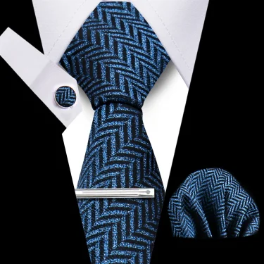 Tie Set For Men 4pcs Set Necktie Pocket Square Cufflinks Tie Clip Suit Paisley Navy Blue Business Necktie Accessories Gravatas 2