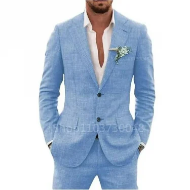 2 Piece Men's Retro Linen Men Suit Beach Wedding Suit Summer Slim Fit Linen Suit Groomsmen For Wedding Party Prom(Blazer+Pants) 1