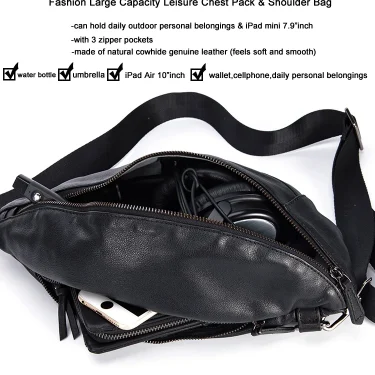 Fashion Genuine Leather Men's Chest Pack Shoulder Bag Messenger Sling Bag Small Leisure Bag Crossbody Black M129 5