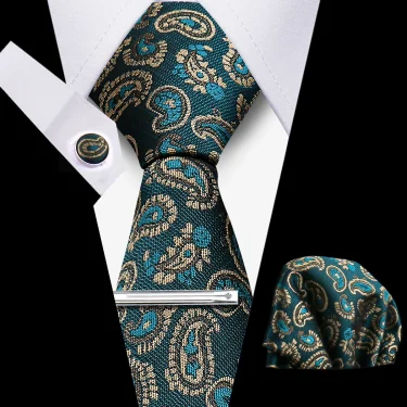 Tie Set For Men 4pcs Set Necktie Pocket Square Cufflinks Tie Clip Suit Paisley Navy Blue Business Necktie Accessories Gravatas 1