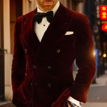 Slim Fit Wedding Men Suit Jacket for Groom Party 1 Piece Velvet Smoking Wedding Tuxedo Blazer Double Breasted Burgundy Suit Coat 6