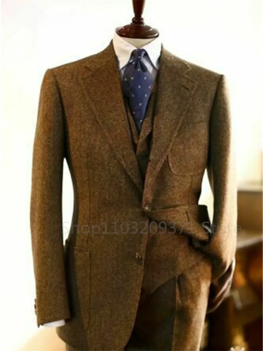 3 Pieces Men's Suits Tweed Herringbone Slim Fit Business Cauasl Waistcoat Jacket Groomsmen Wedding Suits（Blazer+vest+Pants） 4