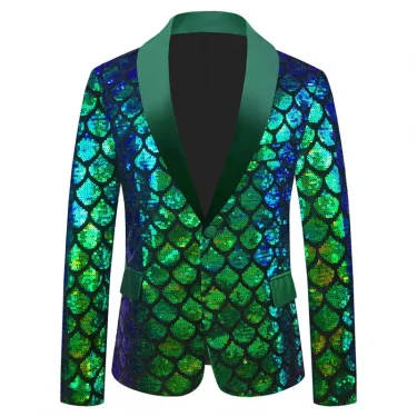 Men's Velvet Fish Scale Sequins Stage Performance Blazer Shawl Collar Slim One Button Party Show Singer Host Glitter Suit Jacket 4