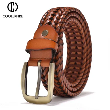 Men Genuine Leather Braided Belts Webbing High Quality Hand Vintage Belts for Men Gold Pin Buckle Casual for Jeans Strap HQ212 1