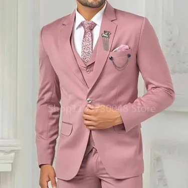 Elegant Pink Men's Suits 3 Piece Notch Lapel Casual Tuxedos for Wedding Groomsmen Suits Business Men Suits(Blazer+Vest+Pant) 3