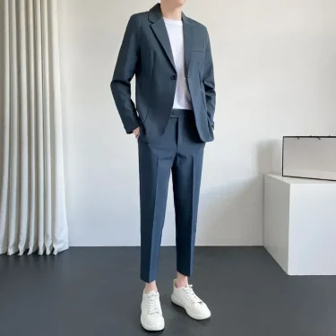 Full Suit for Men Solid Color Blazer Youth Pants Casual 2 Piece Outfit Set Man Luxury Clothes Trends Costumes Slim Fit New In 2