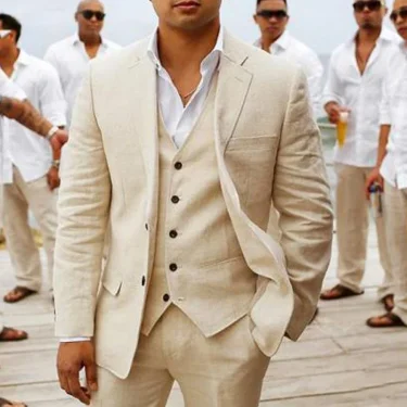 3 piece Beige Linen Wedding Tuxedo for Groomsmen Summer Man Suits with Notched Lapel Custom Casual Man Fashion Costume 1