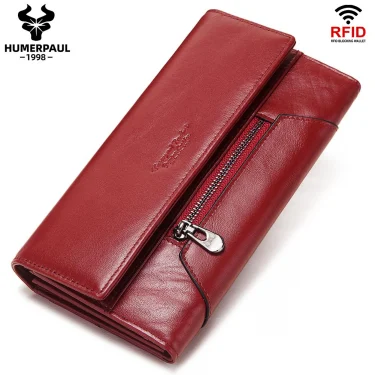 HUMERPAUL Fashion Women Genuine Leather Wallet RFID Blocking Tri-fold Credit Card Holder Luxury Long Female Phone Clutches 1