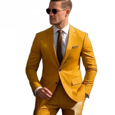 High Quality Men Suits Yellow Single Breasted Skinny 2 Pieces Jacket Pants Set Formal Wedding Outfits Costume Homme 4